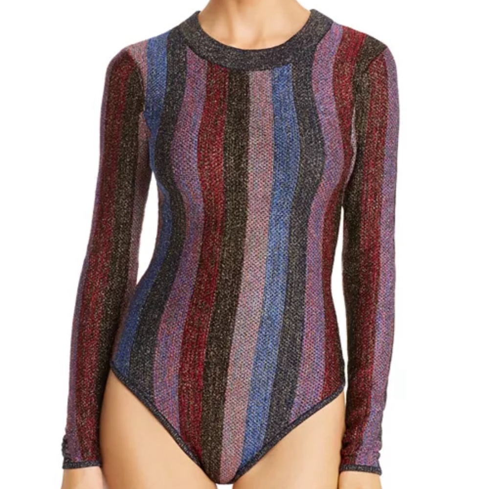 NWOT RONNY KOBO Tasya Glitter Metallic Striped Bodysuit Multi New Size S Glitter